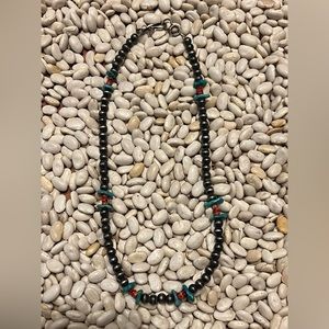 Native American bench made Navajo pearl necklace with turquoise and red spiny